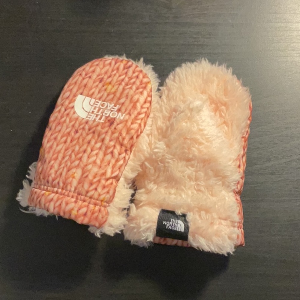 The North Face pink and White Fleece Mittens. Size 0-12 months